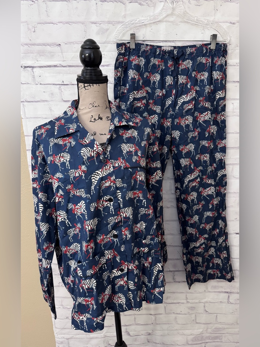 J. Crew Med Cotton Poplin Pajama Pant Set Party Animal Zebra Ocean Navy New